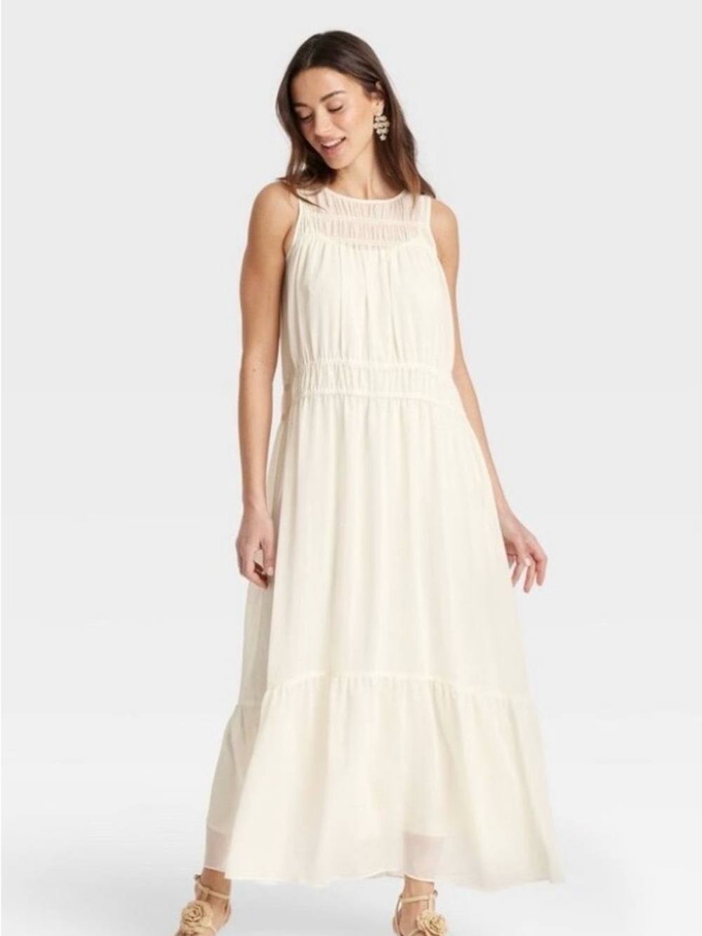 Cream Sleeveless Maxi Dress with Smocked Yoke
